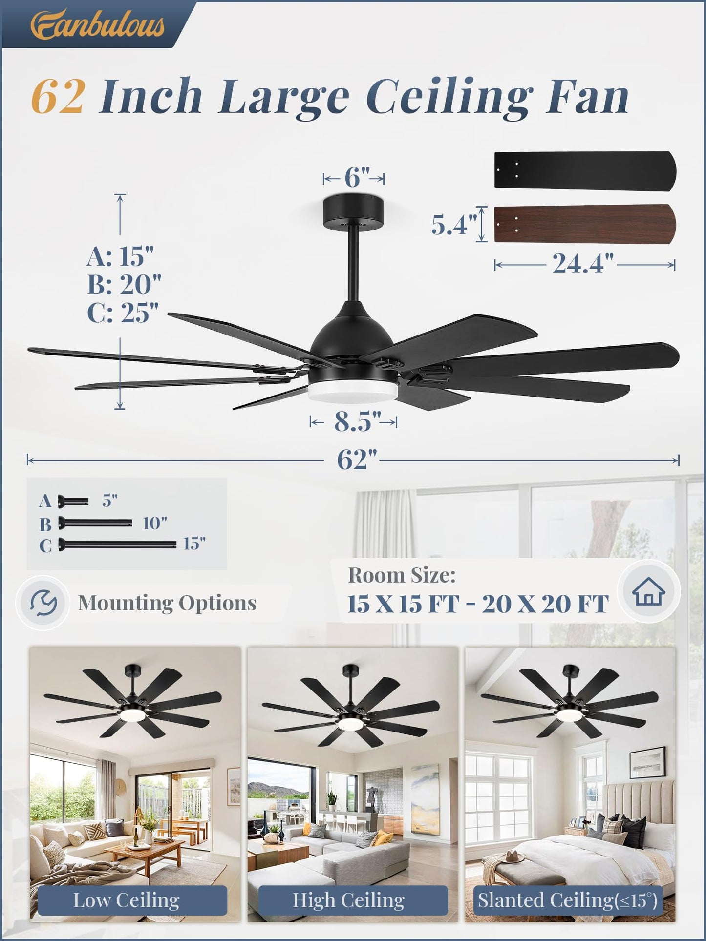 Fanbulous 62 Inch Ceiling Fans with Lights, Black Modern Ceiling Fan with Remote,Large Farmhouse Indoor & Outdoor Ceiling Fan with 8 Dual Finish Blades, Quiet DC Motor, Bright LED Light