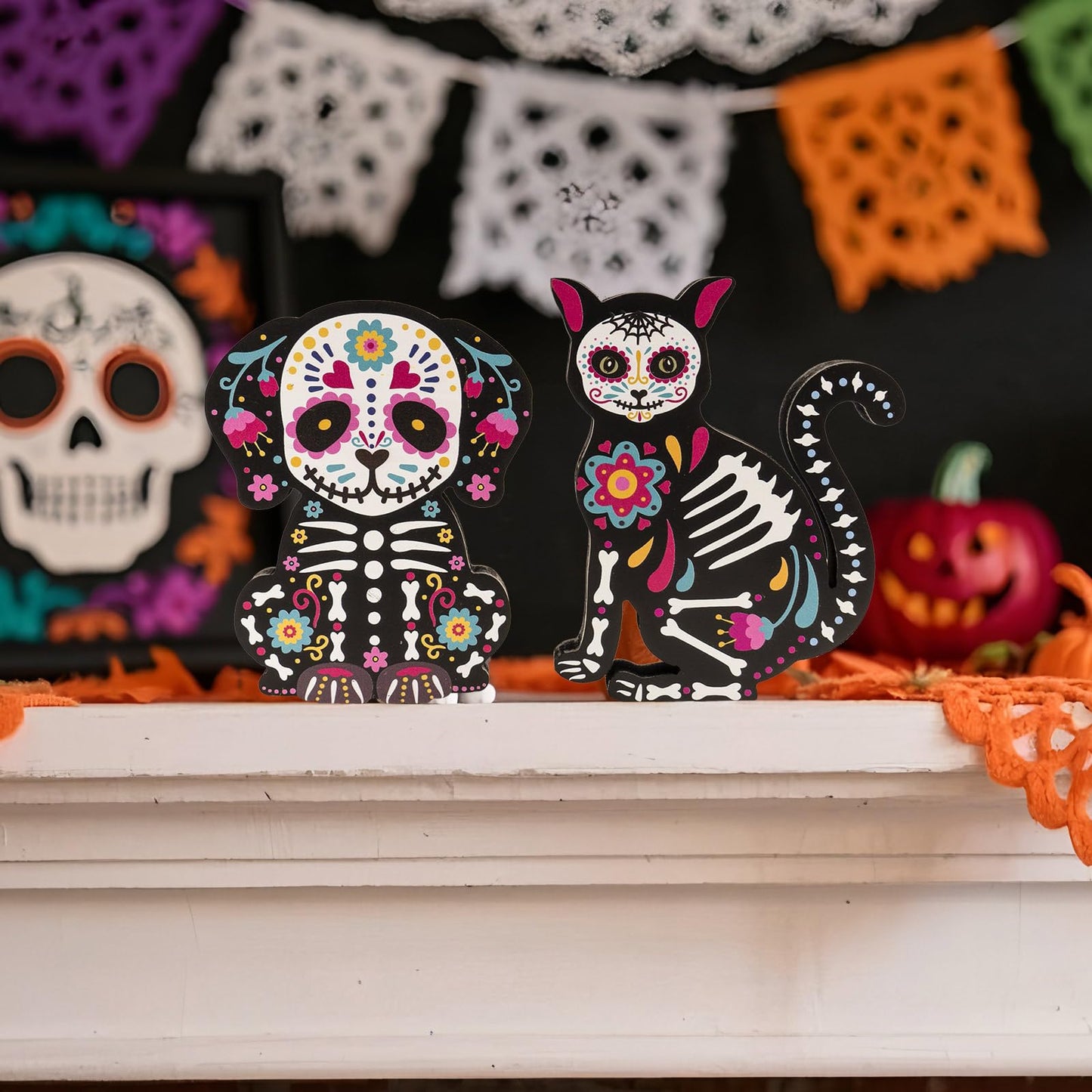 flangairy Wooden Day of The Dead Dog Cat Figurine, 2 Piece Dia De Los Muertos Ofrenda Altar Sugar Skulls Altar Table Decorations, Mexican Halloween Indoor Tiered Tray Shelf Tabletop Decor for Home