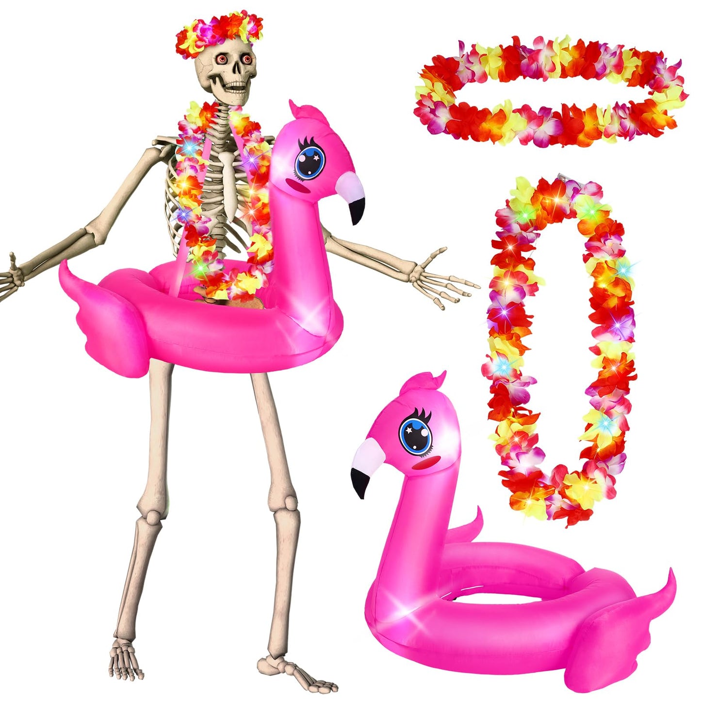 Knitgrip 4 Pcs Summer Hawaiian 12 ft Skeleton Costumes Set Includes Inflatable Flamingo Swimming Ring with Light Hawaiian Leis Chest Ring Luau Flower Headpiece for Luau Party Garden Lawn Decor