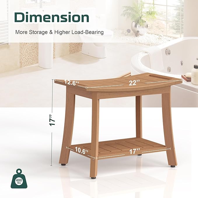Waterproof Shower Benches for Inside Shower, Poly Lumber Shower Stool with Storage Shelf & Adjustable Feet, SPA Bathroom Seat Chair for Shaving Legs, Indoor or Outdoor Use, Teak Brown