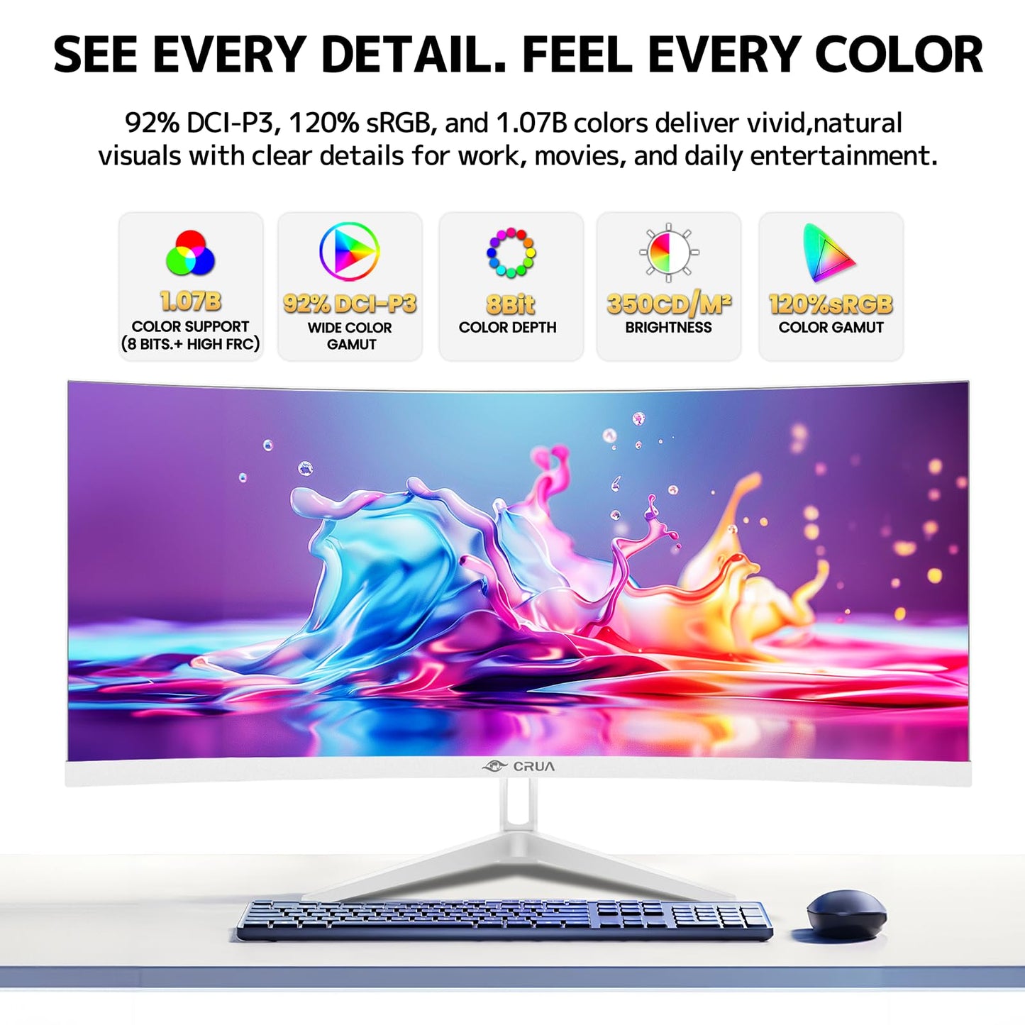 CRUA 34 Inch Ultrawide Curved Monitor, 21:9 UWQHD 3440x1440 100Hz 3800R IPS White Computer Monitors, FreeSync, Built-in Speakers, 120% sRGB, Blue Light Filter, HDMI 2.0 & DP 1.4, Wall Mountable