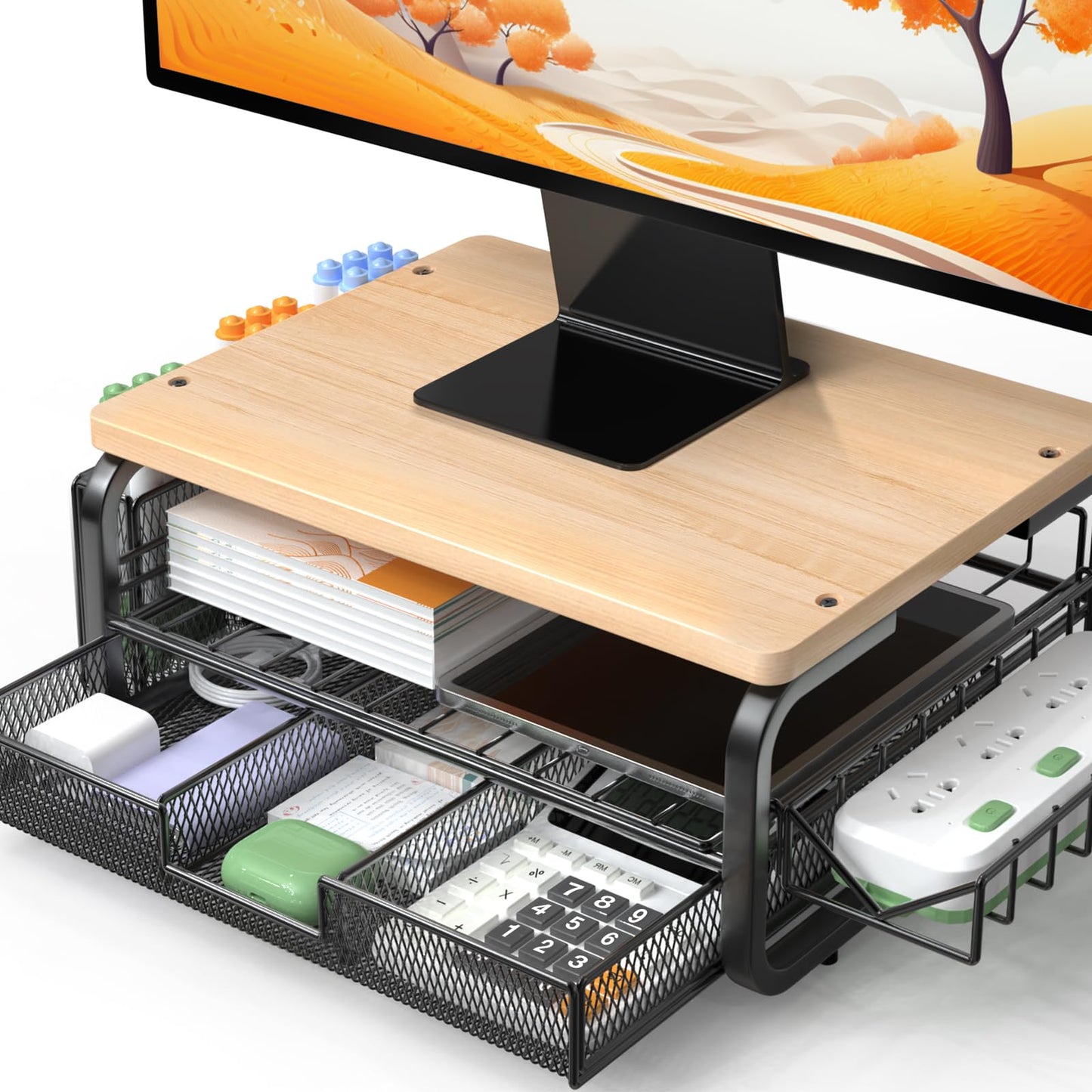 Qatsrin High Grade Wood Monitor Stand Riser, Large Capacity Monitor Stand with Drawer, Monitor Stand for Desk with Plug Holder Pen Holder, Monitor Riser Desk Organizer for Laptop iMac, Original Wood