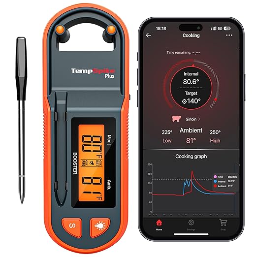 Thermopro TempSpike 600 ft Wireless Meat Thermometer Digital with Ultra-Thinner Probe, Bluetooth Meat Thermometer Wireless with LCD-Enhanced Booster for BBQ Grill Smoker Rotisserie Sous Vide