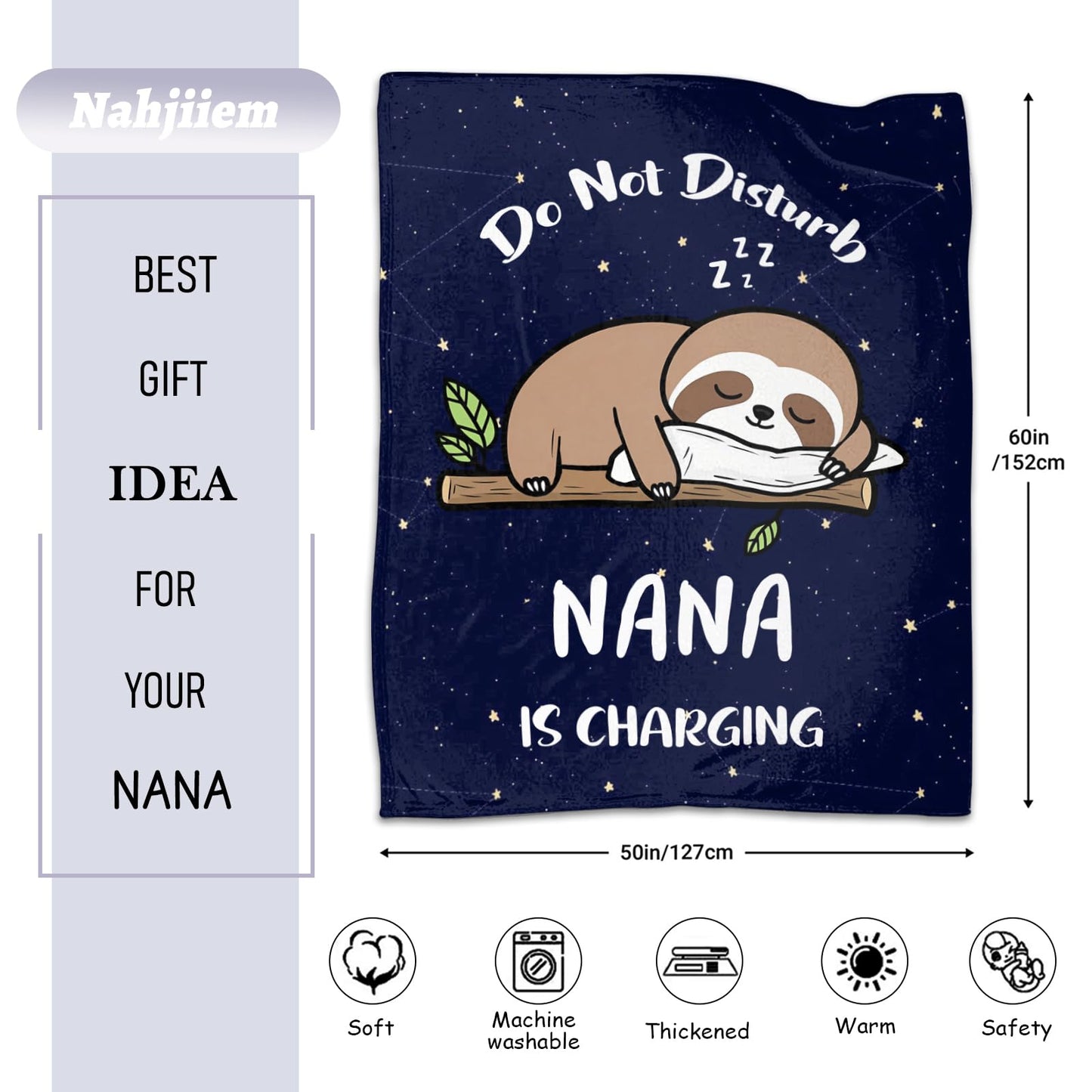 Nana Birthday Gifts, Grandma Gifts for Mothers Day Christmas from Grandkids, Nana is Charging Sloth Blanket 50"X60"