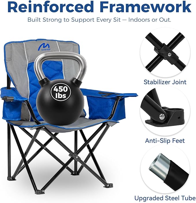 Matrasco Oversized Padded Camping Chair, Heavy-Duty Steel Frame for 450 lbs Supports, Convenient 6-Can Cooler, Portable Carry Bag, Perfect for Outdoor, Beach, and Hiking (Gray & Sapphire Blue)
