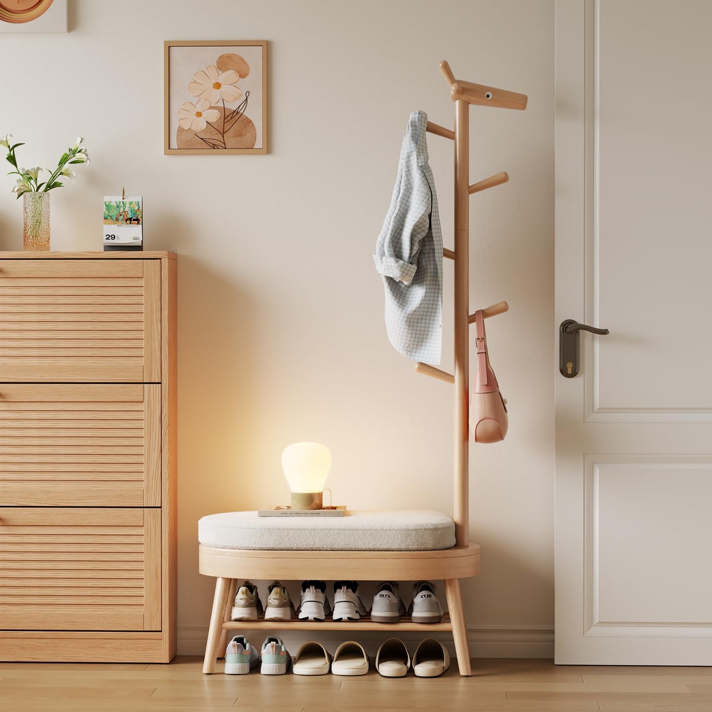 AQIMUELE Coat Rack with Shoe Storage, Wooden Shoe Bench with Coat Rack and Storage for Bench, (Natural)