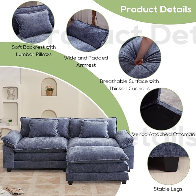 Oprisen 86" Modular Sectional Sofa, Comfy Cloud Couch Sectional Sofa with Ottoman, Chenille Sofa Sleeper Deep Seat Sofa with Throw Pillows for Living Room (Blue, 86"- L Shape)