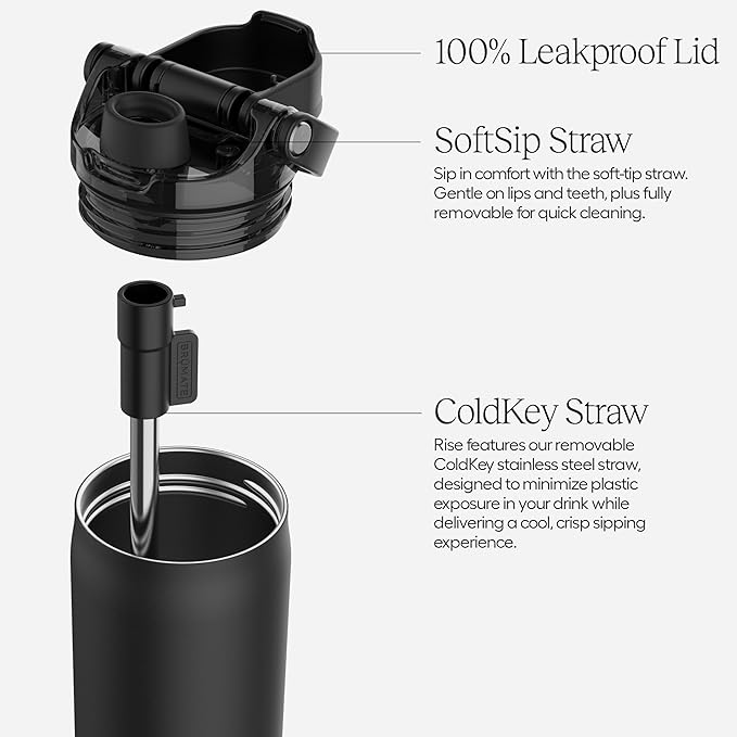 BrüMate Rise 35oz Water Bottle With 100% Leakproof Covered Silicone Straw | Insulated Stainless Steel Water Bottle With Removable Straw | Fast Flow | Soft Sip Silicone Spout | BPA-Free (Matte Black)