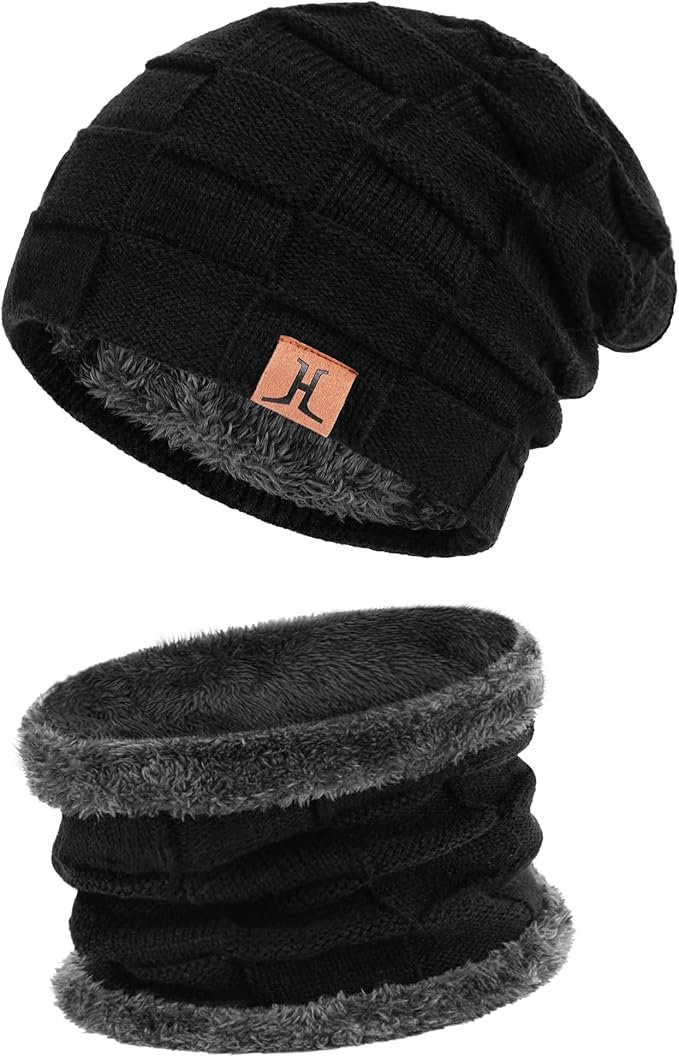 Mens Winter Beanie Hats Scarf Set Warm Knit Skull Cap Neck Warmer with Fleece Lined Winter Hat for Women