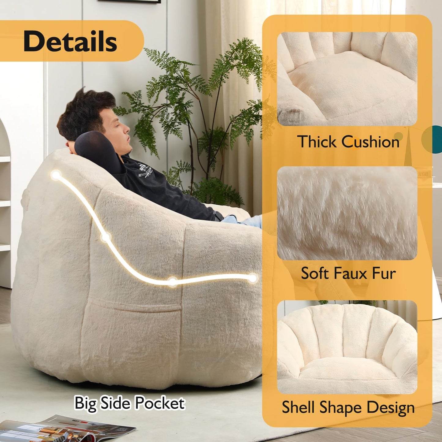 COCONINO WJ Bean Bag Chair, Bean Bag Chairs with Filler, Stuffed Beanbag Chair for Adult and Kid, Big Beanbag Chairs with Filling for Living Room (Faux Fur in Ivory, 35" D×41.4" W×30.7" H)