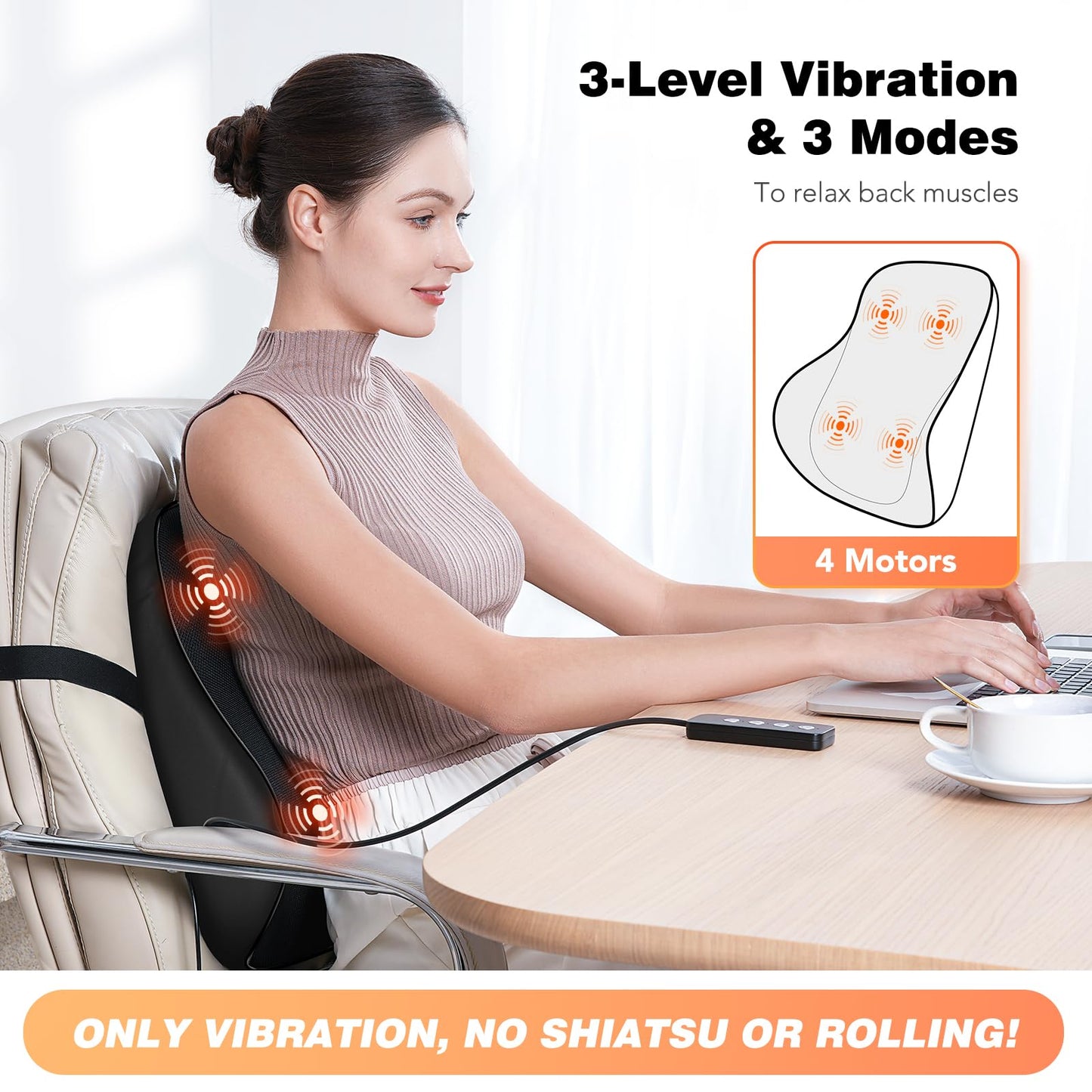 KNQZE Lumbar Support Pillow for Office Chair, Heated Back Support Pillow with Vibration, Back Massage for Pain Relief, 3 Heating Levels & 4 Motors & 3 Intensities, at Home Office Car Sofa - Black