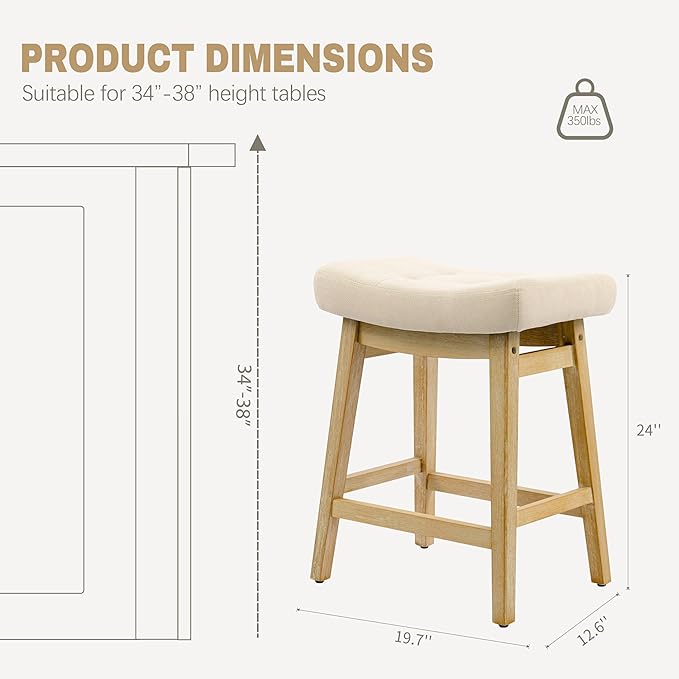 Counter Height Bar Stools Set of 3 for Kitchen Counter, Backless Farmhouse Island Short Barstools No Back with Padded Fabric Saddle Seat & Solid Wood Legs Modern 24 inch Counter Top Bar Chairs, Khaki