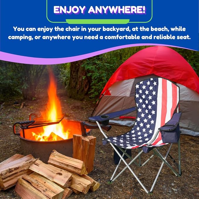 EZONE 4-Pack Camping Chairs with Built-in Ice Cooler, Portable Chair, Storage Pocket, Cup Holder, and Carry Bag Perfect for Camping, Tailgating, Fishing, Beach, and Lawn (4, Flag)