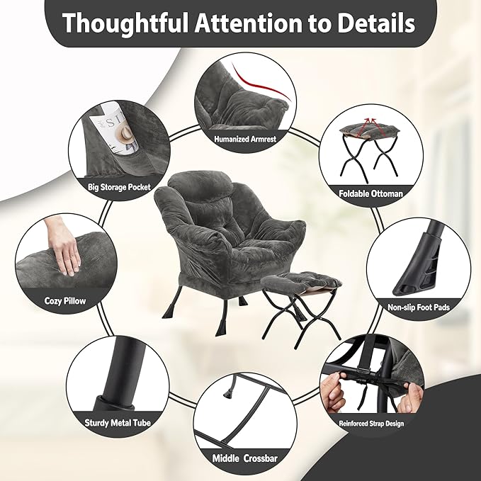 Youtanic Lazy Chair with Folding Ottoman, Accent Chair Plush Upholstered with Metal Structure and Non-Slip Pads, Sofa Armchair with Footrest and Side Storage Bag for Dorm, Room, Office, Dark Gray