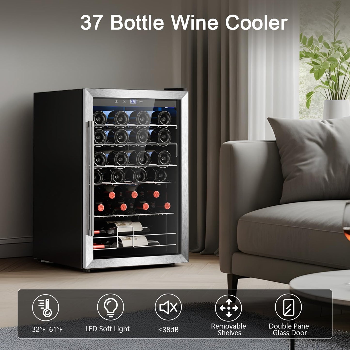 Antarctic Star Wine Cooler Refrigerator, Freestanding Wine Fridge with Adjust Temperature（32°F- 61°F）, 4.5 Cu.Ft Mini Fridge for home/bar/office, Black