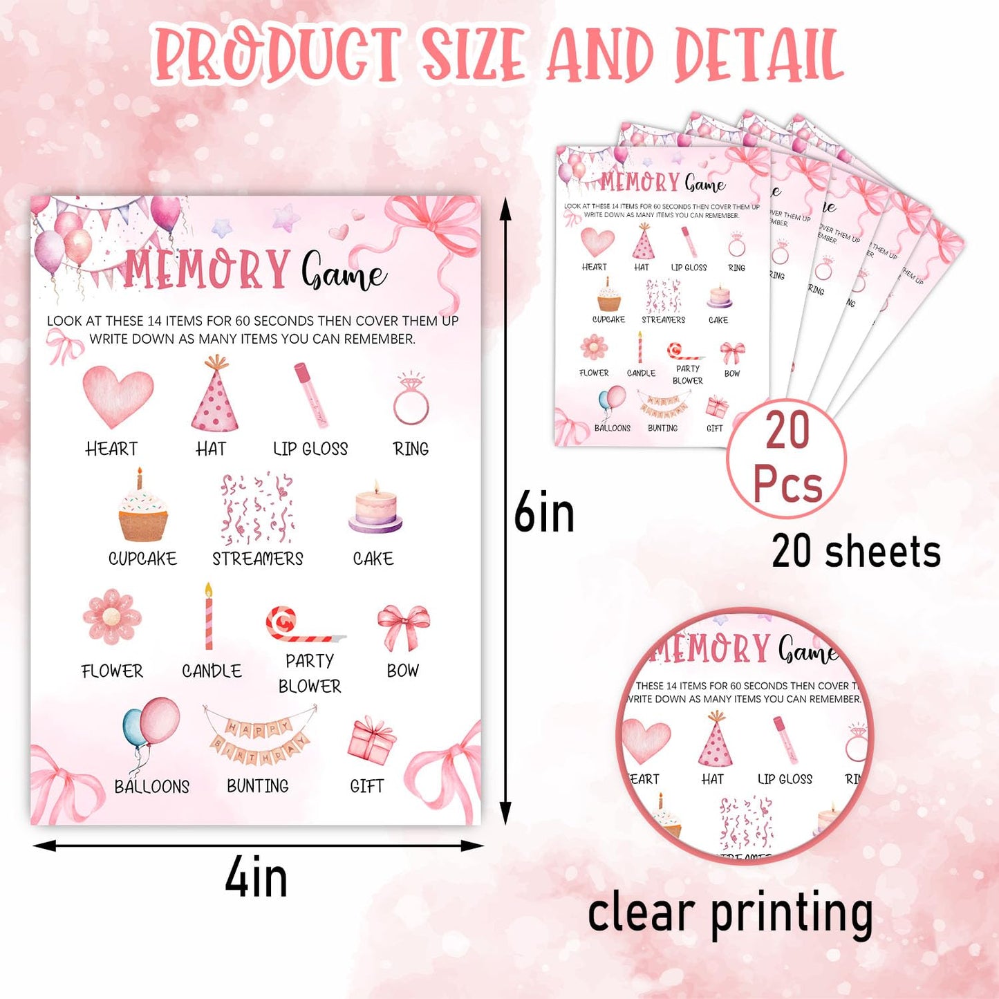 Pink Slumber Party Games Card - Coquette Pink Bow Themed Sleepover Slumber Party Supplies- Sleepover Stuff- Birthday Night Games Creative Idea -Memory Game- 20 Game Cards