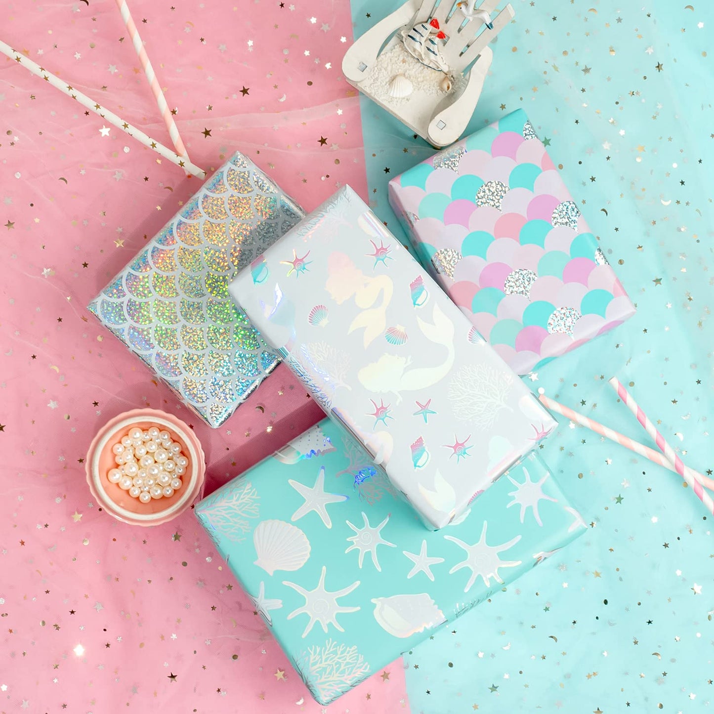 WRAPAHOLIC 30 Inch Mermaid Wrapping Paper - Jumbo Roll Colorful Foil Girls Wrapping Paper for Kids Girls Birthday, Baby Shower - 4 Rolls - 30 Inch X 120 Inch Per Roll