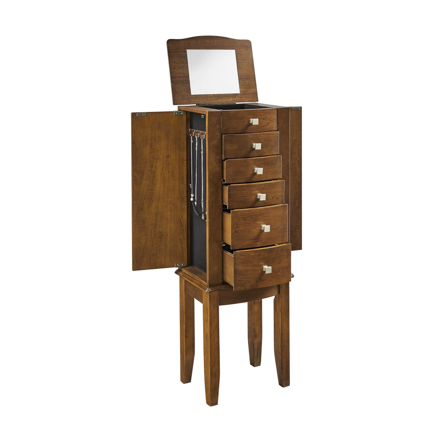 Powell Janie Walnut Five Drawer Jewelry Armoire with Flip-Up Top Mirror