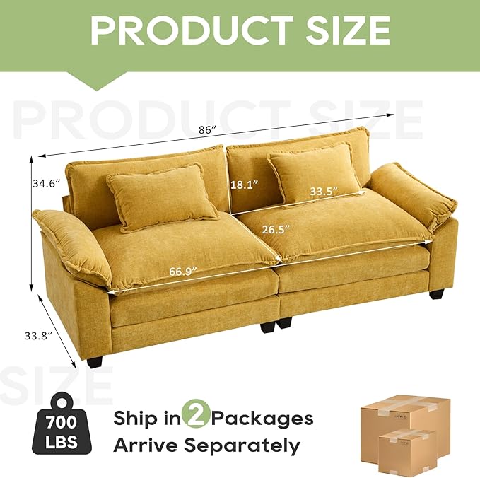 Oprisen 86" Modular Sectional Sofa, Comfy Cloud Couch Sectional Sofa, Chenille Sofa Sleeper Deep Seat Sofa with Throw Pillows for Living Room (Yellow, 86"- Loveseat)