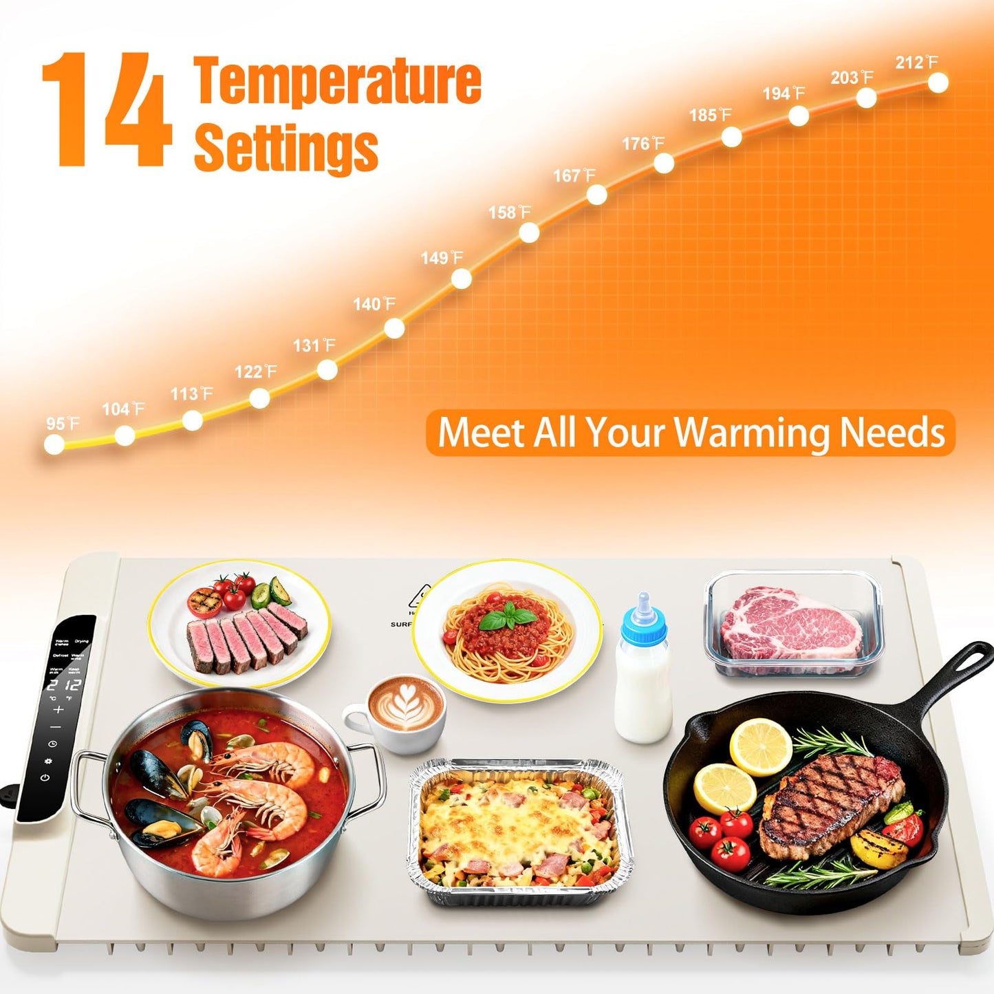 Warming Mat for Food - Food Warmer with 14 Temperature - Silicone 6 Modes Electric Warming Tray - Home Kitchen Appliances - 26 * 15 inches (Cream)
