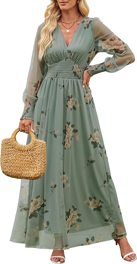 ANRABESS Women's Floral Maxi Dress 2025 Fall V Neck Puff Long Sleeve Flowy Casual Wedding Guest Tea Party Tulle Dresses