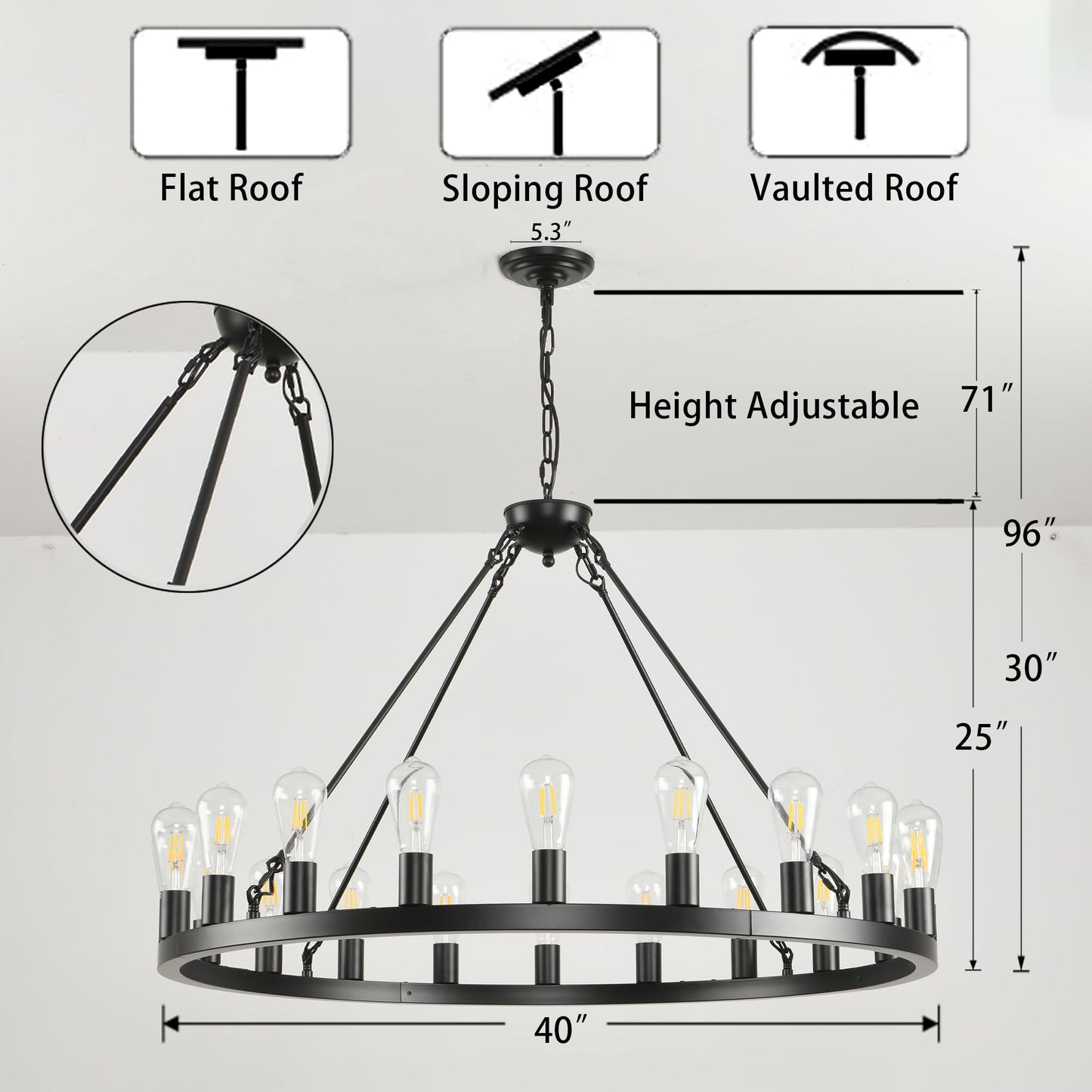 SARUDIIR 40 inch Black Wagon Wheel Chandelier 20-Light Farmhouse Round Wheel Chandeliers Hanging Light Fixture Outdoor Wagon Wheel Chandelier for Porch for High Ceilings Dining Room