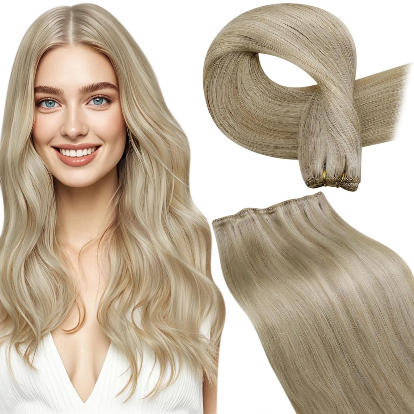 LaaVoo Weft Hair Extensions Human Hair Long Sew in Hair Extensions 22 Inch Human Hair Weft Extensions Long Blonde Highlight 100g