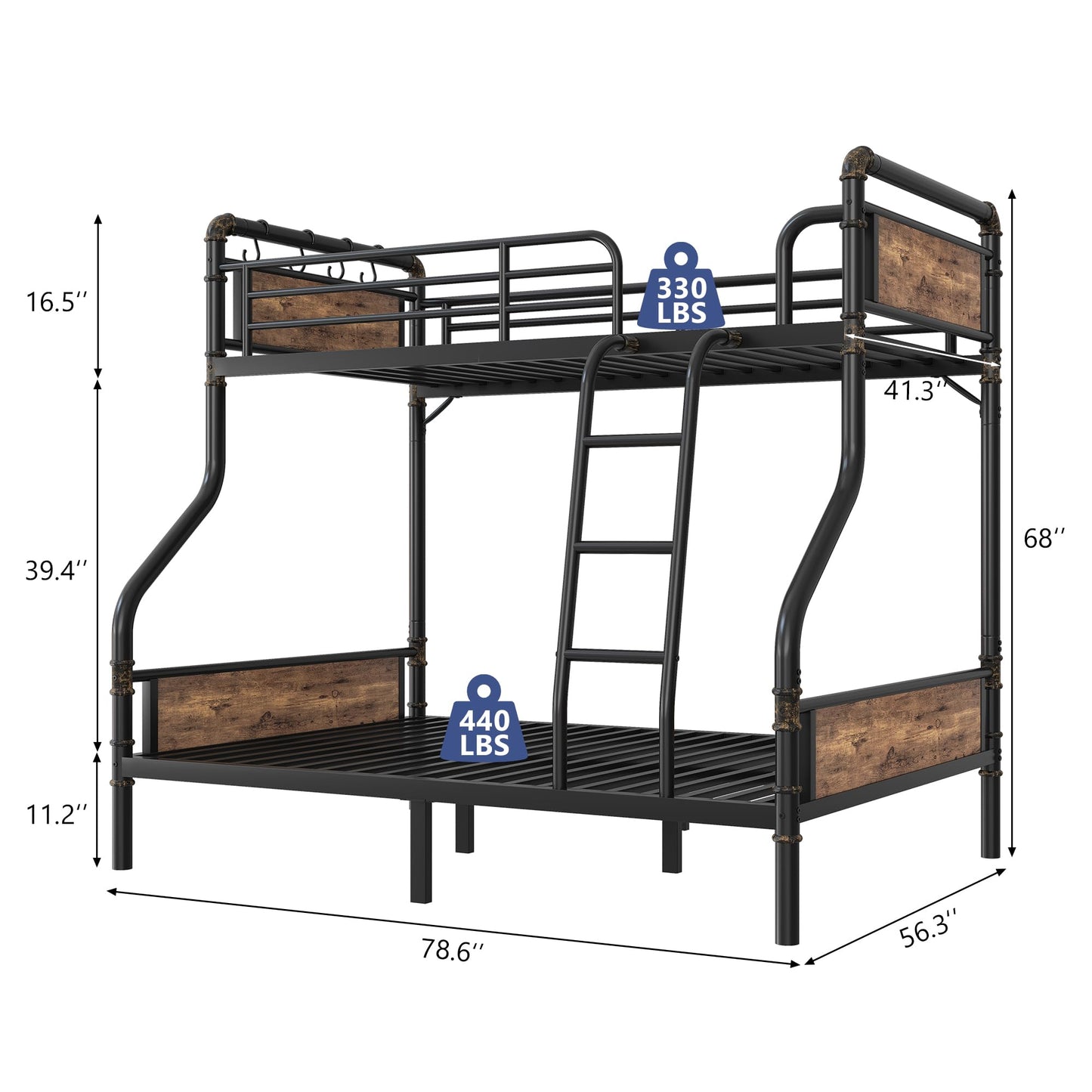 Bunk Bed Twin Over Full, Heavy Duty Metal Bunkbeds with Ladder and Full-Length Guardrail, Convertible into 2 Individual Beds for Kids, Teens and Adults, Under-Bed Storage Space, Vintage Brown