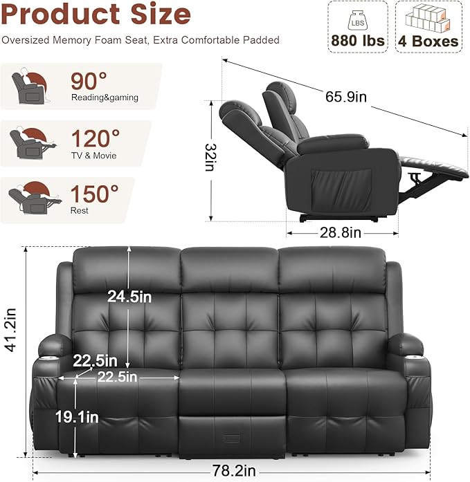 Aotolo Recliner Sofa, Massage Reclining Sofa 3 Seater Sets Heavy Weight Capacity, RV Loveseat Couch Clearance with Flip Back Console, Storage, Cup Holders, Wall Hugger Reclining Couch for Living Room