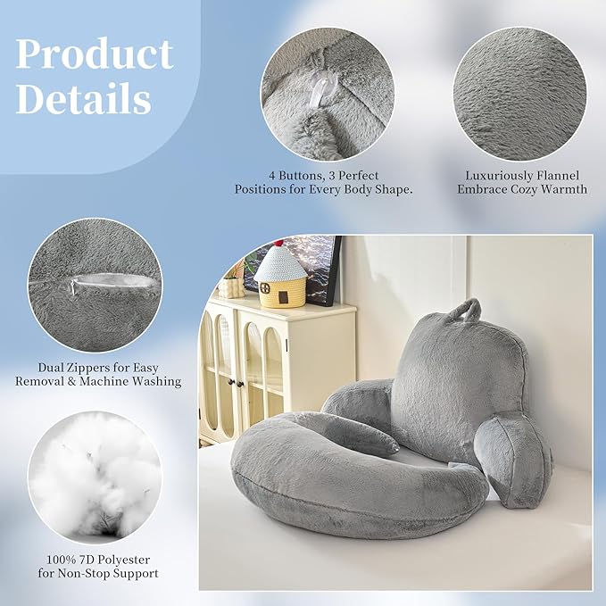 PAJEO Reading Pillow for Bed,U Shaped & Back Support Pillow for Bed,17" Backrest with Lumbar & Arm Support,Luxurious Faux Rabbit Fur,Gaming PillowFor Crochet/Reading/Watching TV,Gray
