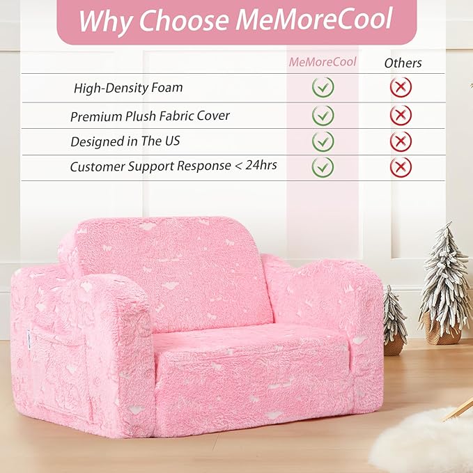 MeMoreCool Glow‑in‑The‑Dark Unicorn Toddler Chair – Soft Plush Fold‑Out Recliner | Kids Lounge Chair for Boys & Girls Aged 1‑3, Convertible 2‑in‑1 Seating & Napping Spot, Easy‑Fold Safe Construction