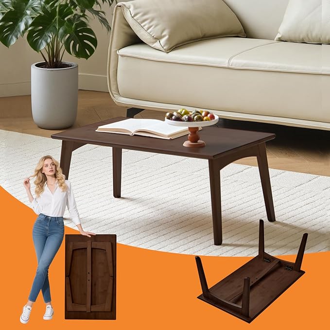 Kuabner Bamboo Coffee Table Foldable Japanese Floor Desk Folding Low Tea Table No Assembly 26x16x12in Portable Bedroom Living Room Furniture for Dining Working Studing Relaxing (Chestnut, Large)