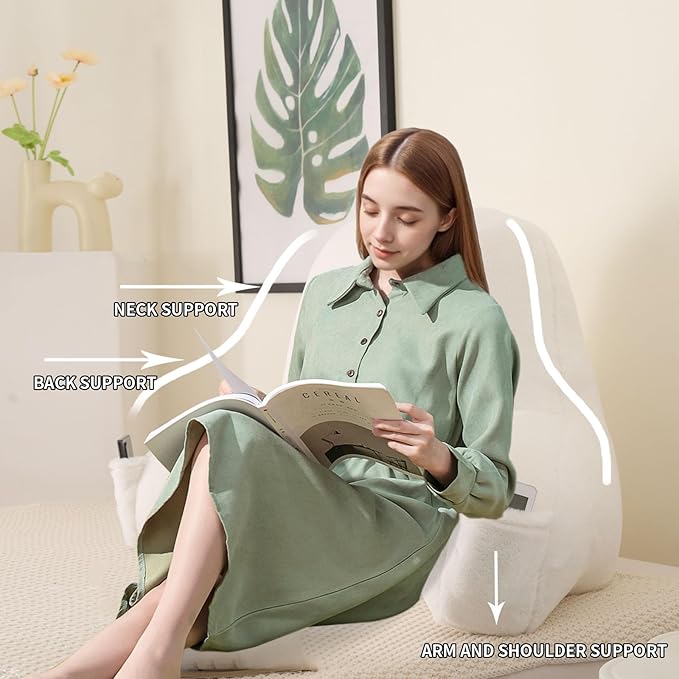 PAJEO Reading Pillow for Sitting in Bed, Large Backrest Reading Pillow with Arm Rest,Back-Rest Support Cushion for Sit Up on Couch, Sofa, and Floor, Dorm Essentials (White Faux Fur, Large(19"))