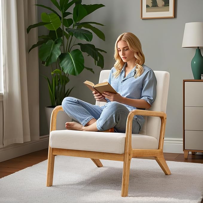 ELUCHANG Mid-Century Modern Accent Chair with Lumbar Pillow,Upholstered Armchair,Linen Fabric Comfy Reading Chair, Lounge Side Chair for Living Room Bedroom Apartment,Easy Assembly