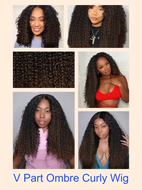 Nadula EasiContour V Part Curly Wigs Human Hair No Leave Out Ombre Black to Chestnut Brown Clip in V-part Wig,12A Glueless Highlight Upgrade U Part Human Hair Wig Ready to Go 180% Density 14inch