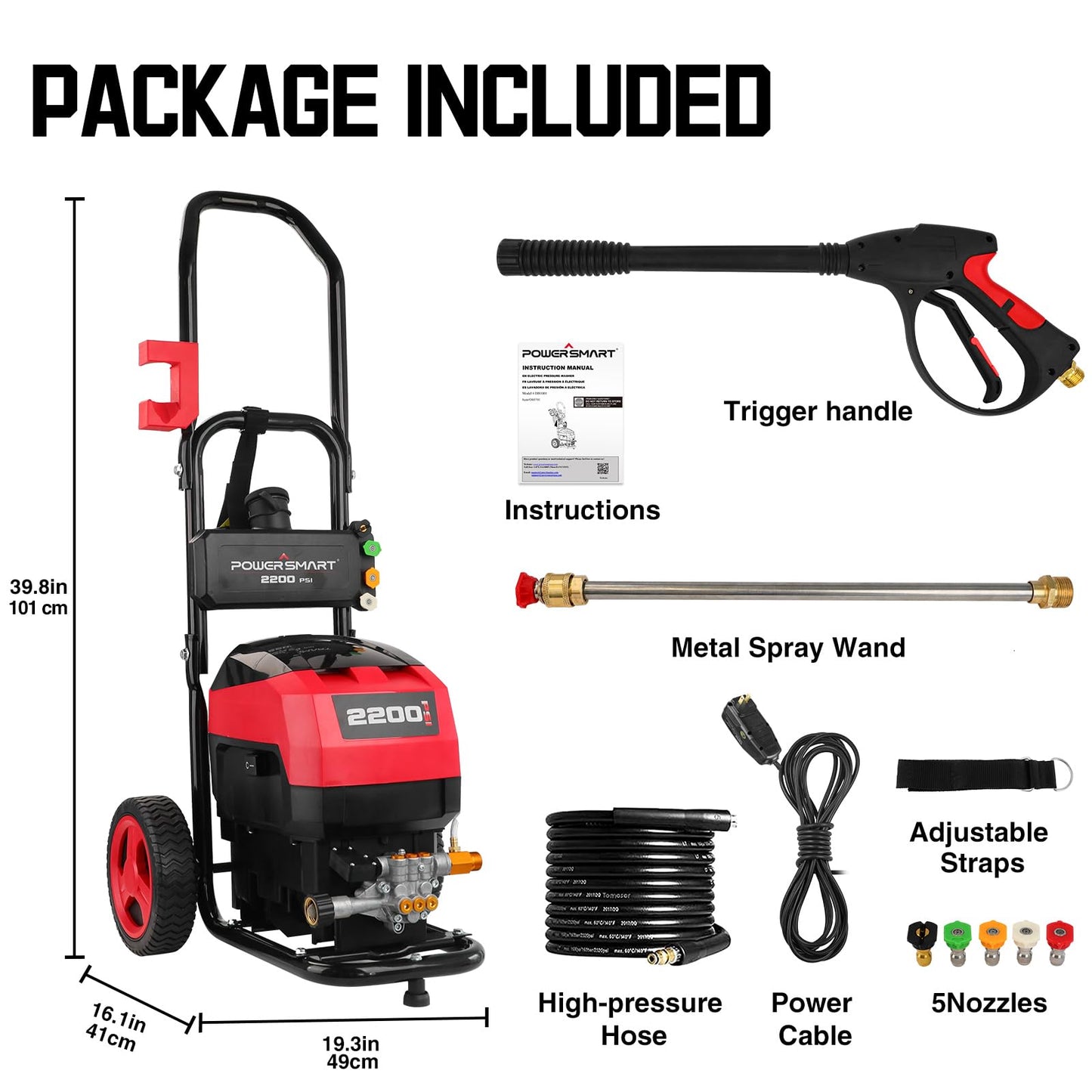 PowerSmart Electric Pressure Washer 1.2 GPM with Onboard Soap Tank, Metal Spray Wand, 5 Nozzle Set for Cars, Patio, Decks, and Fences (DB1001)