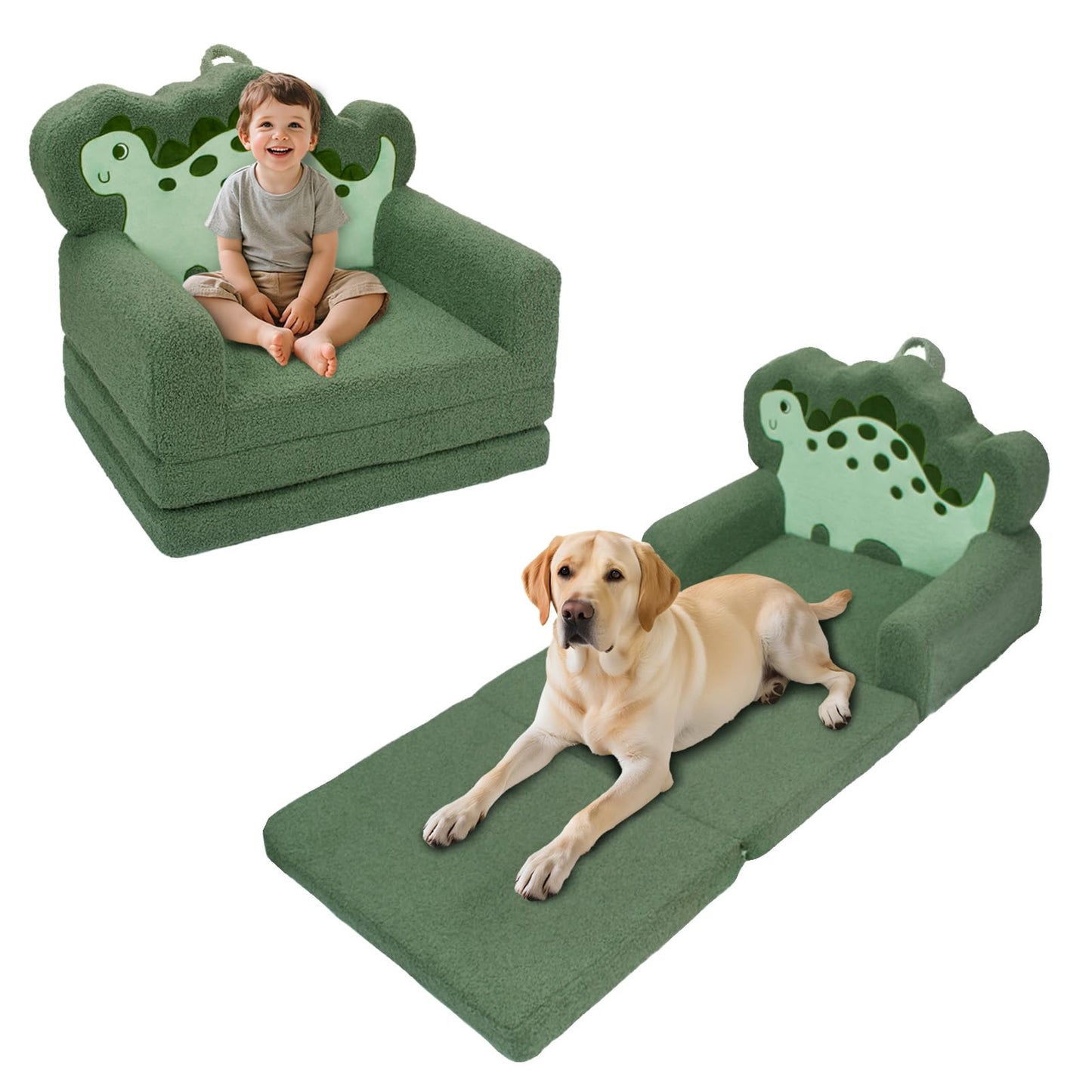 TinyPalsa Kids Couch, Convertible Sofa to Lounger Fold Out, Green Dinosaur Design Chair for Toddlers 1-3, Gift for Movie Night, Camping, and Napping
