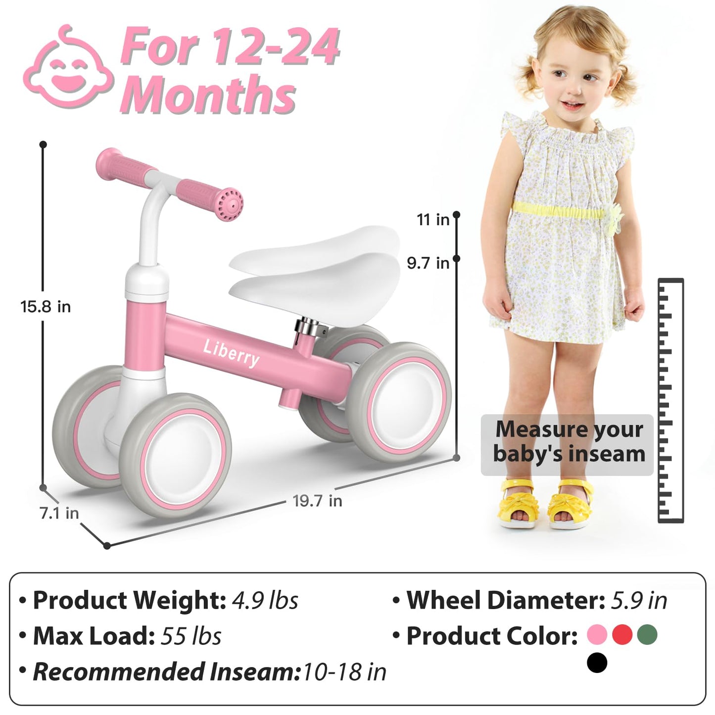 Liberry Baby Balance Bike for 1 Year Old Girls, 4 Wheels Toddler Balance Bike with Adjustable Seat, 12-24 Months Infant's First Birthday Gift (Pink)