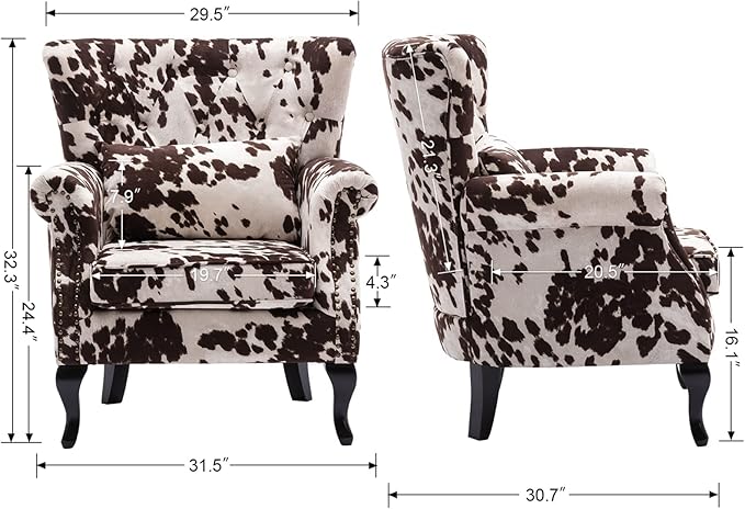 DM Furniture Mid Century Accent Chair Modern Button Tufted Armchair Wingback Club Chair Velvet Single Sofa Lounge Chair with Pillow for Living Room Bedroom, Cowhide Print