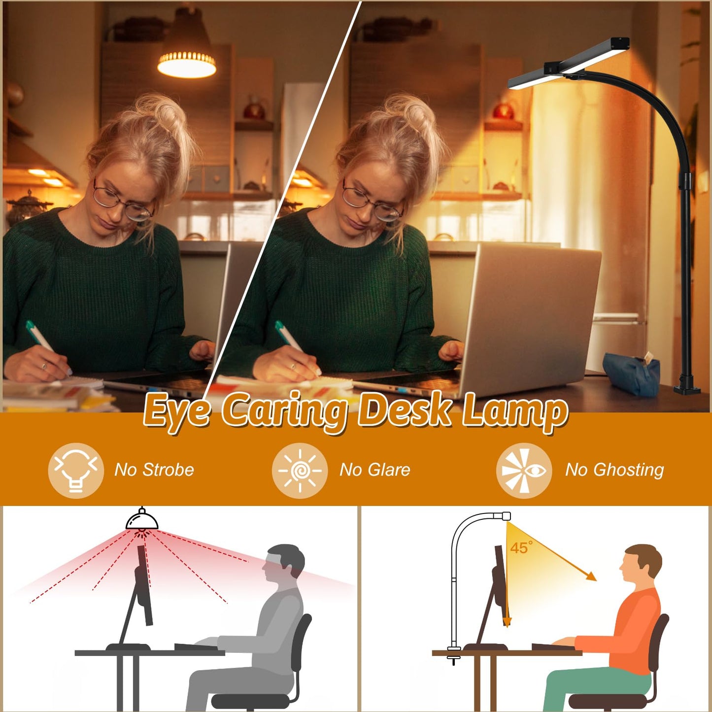 MACASA Double Head LED Desk Lamp with Remote Control for Home Office 24W Brightest Computer Desk Light for Workbench Drafting Architect Study Reading with Anti-Glare Cover