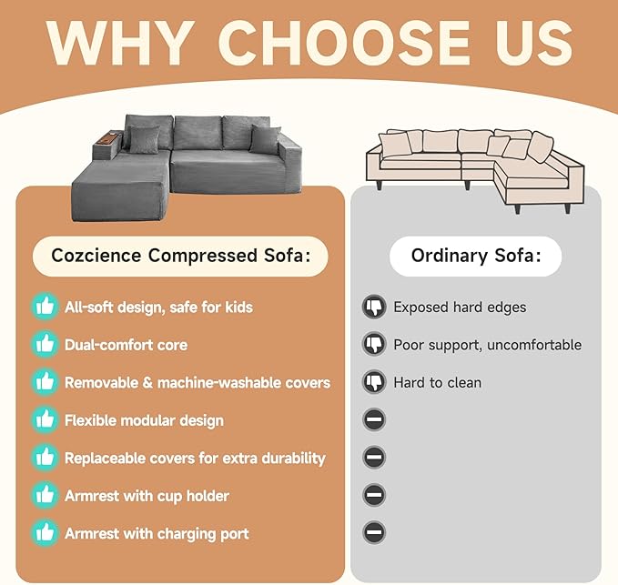 Modular Sectional Sofa Cloud Couch with Multi-Functional Armrests, Boneless Plush L-Shape Living Room Couch with Deep Seat, Fluffy Comfy Sleeper Sofa Easy Assembly (Gray, Right Chaise)