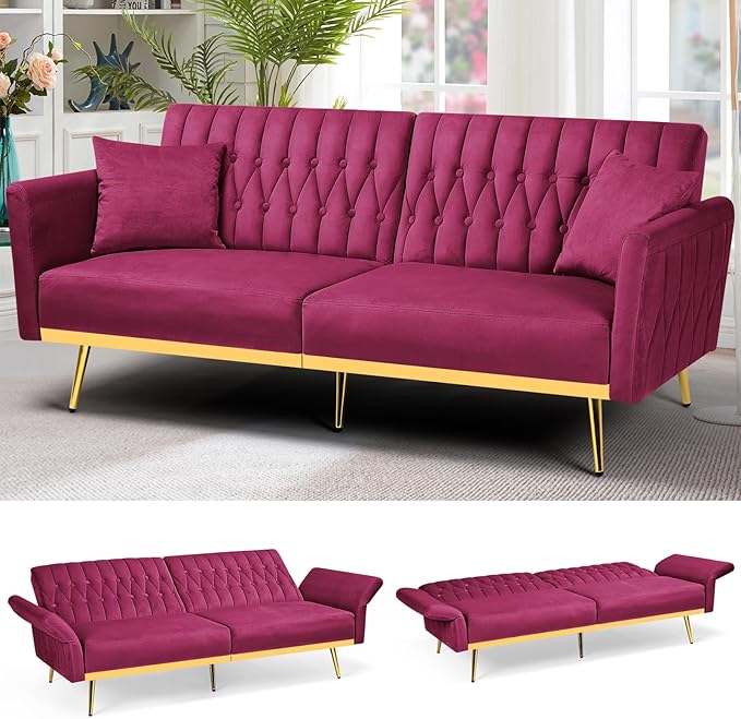 ACMEASE 70” Velvet Futon Sofa Bed with 2 Pillows and Adjustable Armrests, Convertible Sleeper Bed W/Adjustable Backrests, Modern Loveseat for Living Room, Bedroom, Fuchsia