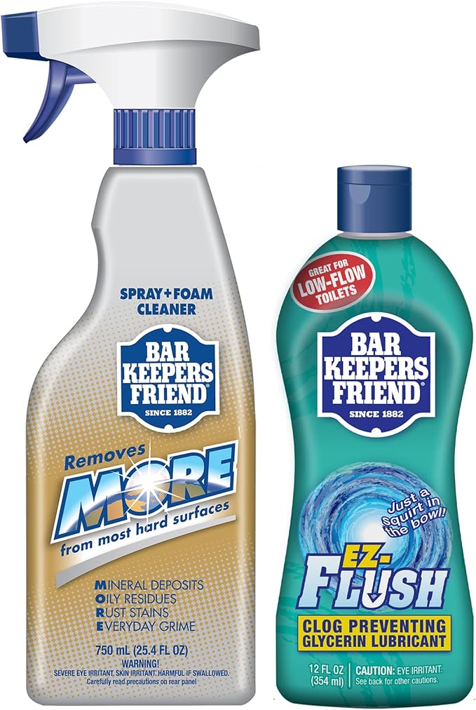 Bar Keepers Friend MORE Spray + Foam Multipurpose Cleaner (25.4 oz) & EZ-Flush Toilet Flushing Aid (12 oz) Liquid Plumber to Help Prevent Clogged Toilets