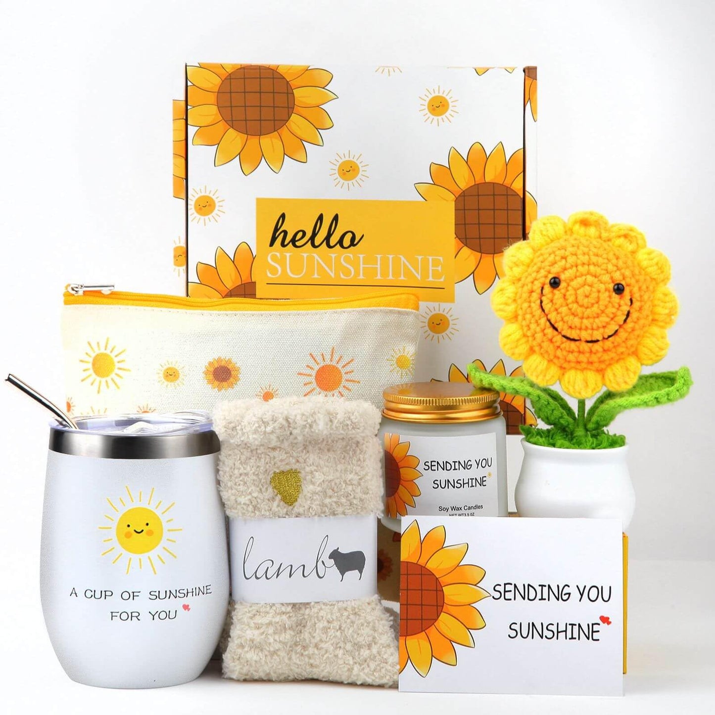 Sunflower Gifts Baskets for Women-7 Pcs Unique Happy Birthday Gifts for Sister, Fun Get Well Basket after Surgery for Female, Self Care Package for Teen girl, Cheer Up Set, Feel Better Sunshine Box