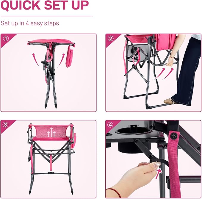 EVER ADVANCED Tall Textilene Camping Chair Mesh Directors Chair High Foldable Bar Stool with Side Table for Makeup Artist, Sports Event, Craft Show, Supports 350LBS Pink