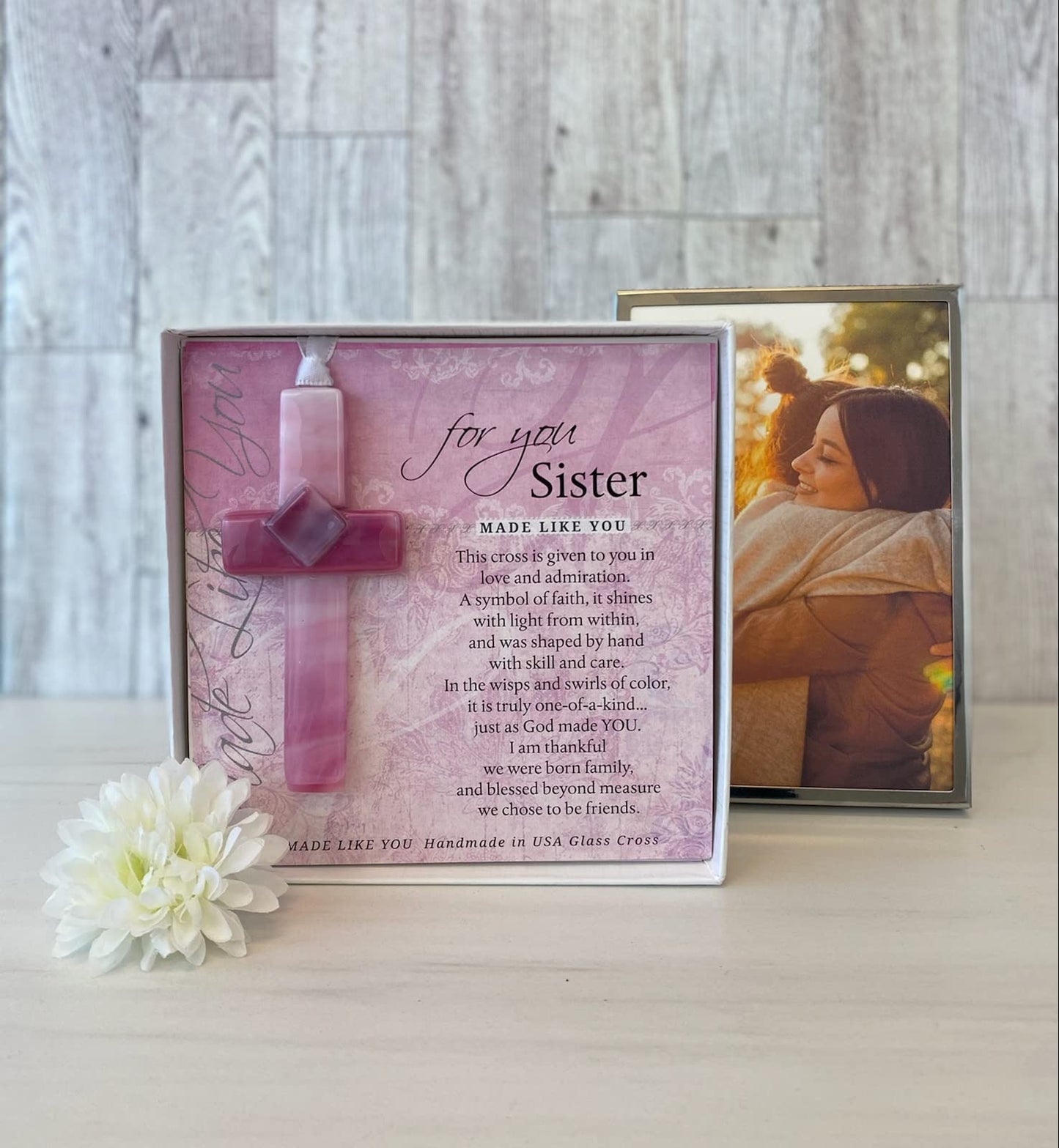 Christian Gift for Sister - Handmade in USA Glass Cross for Sister with Poem- Sister Gift on Christmas, Mother's Day, Birthday-Sister to Sister Gift