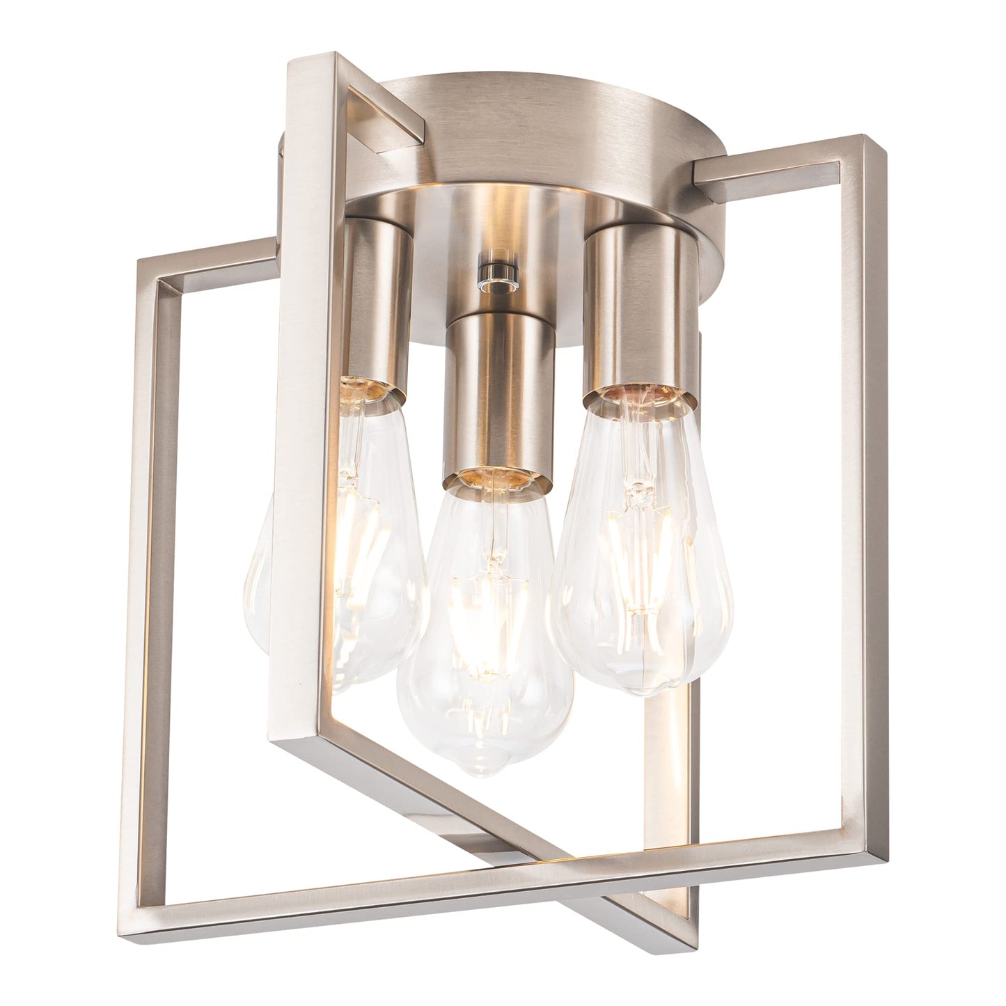 Edzemuwa 3-Light Flush Mount Light Fixture,Brushed Nickel Metal Frame Ceiling Light Fixture with Contemporary Geometric Metal Cage,for Living Room Kitchen Dining Room Bedrooms Foyer Hallways,