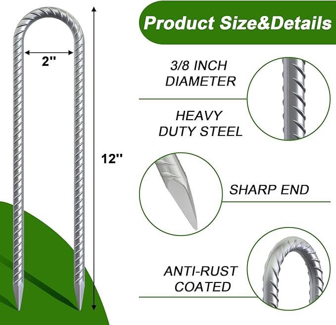 AAGUT Trampoline Stakes 12 Inch 6 Pack, 3/8 Inch Trampoline Tie Down Anchor Kit High Wind Heavy Duty, Galvanized Steel Trampolines Accessories U Shaped Ground Rebar Stakes for Soccer Goal, Swing Set