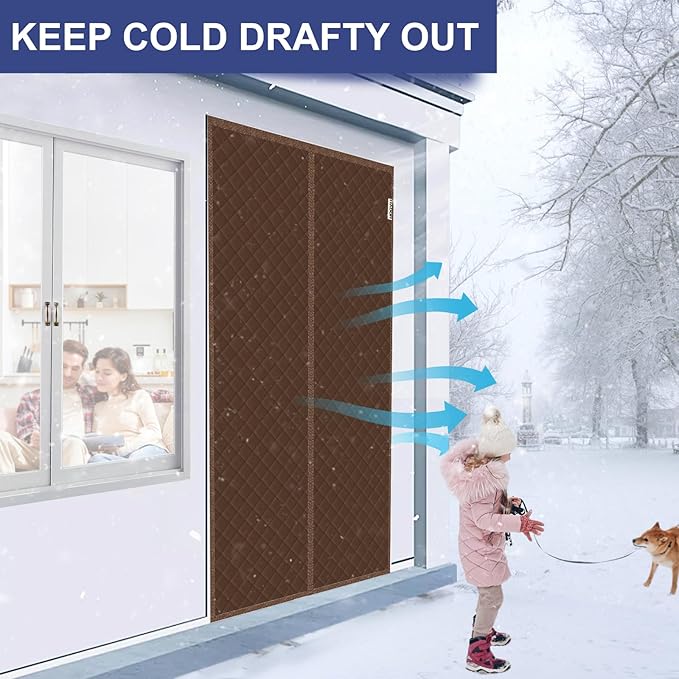 Magnetic Thermal Insulated Door Curtain Fit Door Size 38" x 82", Quilted Oxford Fabric Thicken Cotton Fill, Winter Cover Keep Cold Draft Out, Blanket Insulation for Front Patio Doors Brown