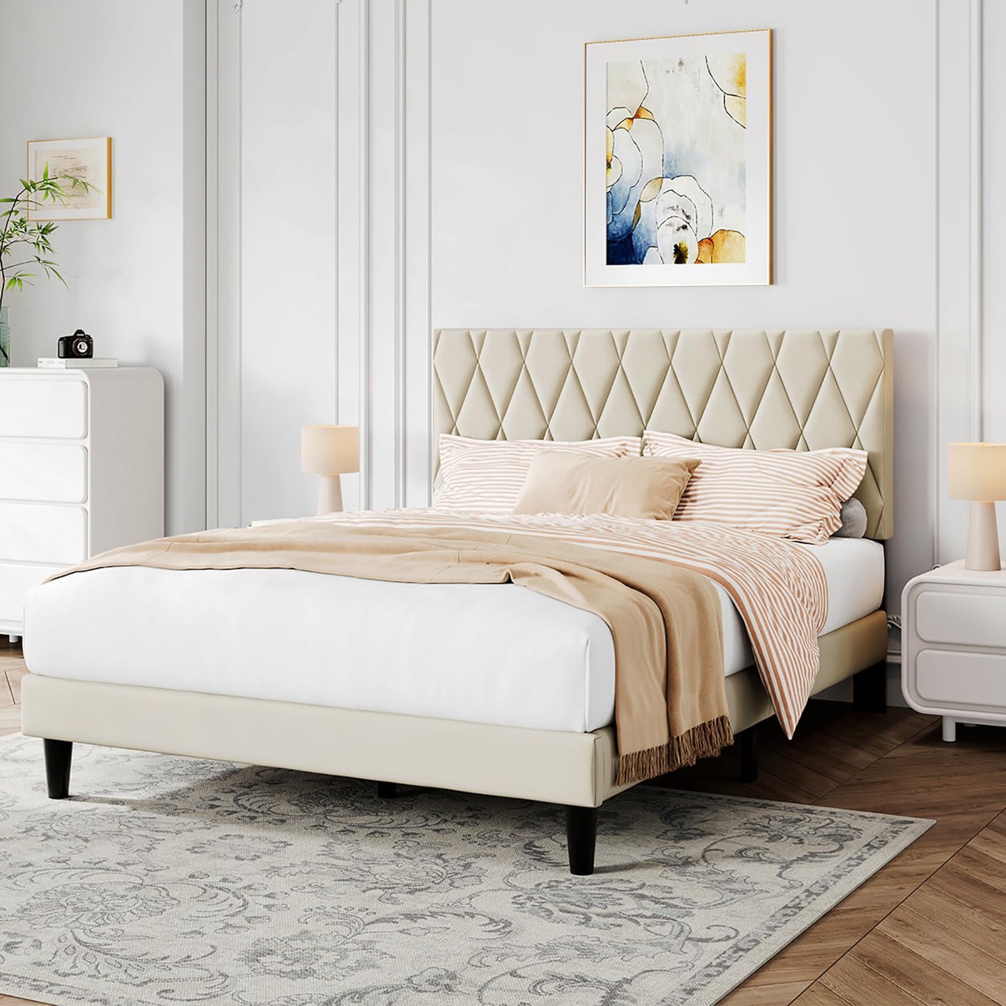 Rukboo Queen Platform Bed Frame with Storage Space, Fabric Upholstered Headboard, Fully Upholstered Mattress Foundation, No Box Spring Needed, Noise-Free, Easy Assembly, Beige